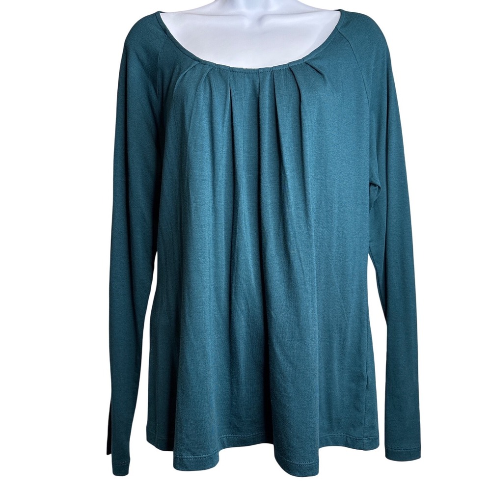 Talbots Women's Long Sleeve Pleated Top Size L Teal Green Cotton Blend Coastal